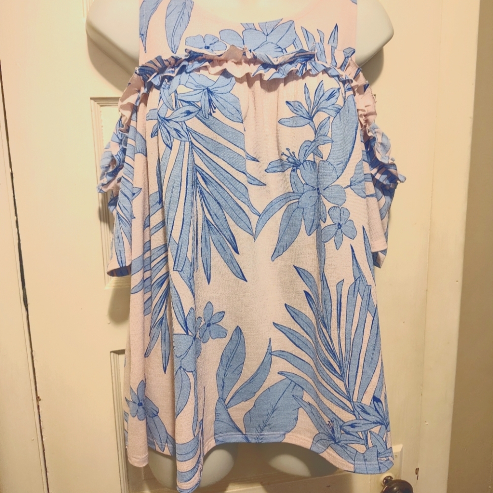 LC Lauren Conrad Blue Leaf Print Top